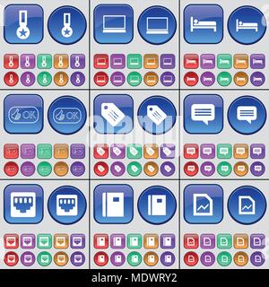 Medaille, Laptop, Bett, Wie, Tag, Sprechblase, LAN-Buchse, Notebook, Graph. Eine große Anzahl von bunten Tasten. Vector Illustration Stock Vektor