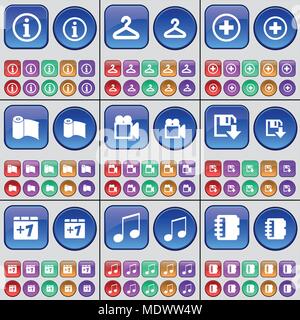 Informationen, Aufhängevorrichtung, Plus, Peper Handtuch, Kamera, Diskette, plus eins, Hinweis, Notebook. Eine große Anzahl von bunten Tasten. Vector Illustration Stock Vektor