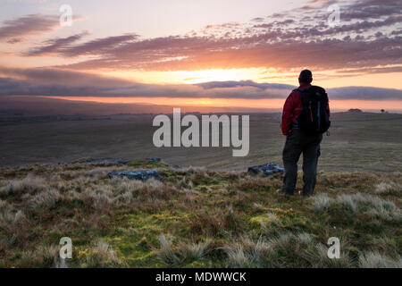 Walker und der Blick nach Osten über cotherstone Moor von Goldsborough, Baldersdale, Teesdale, County Durham, UK Stockfoto