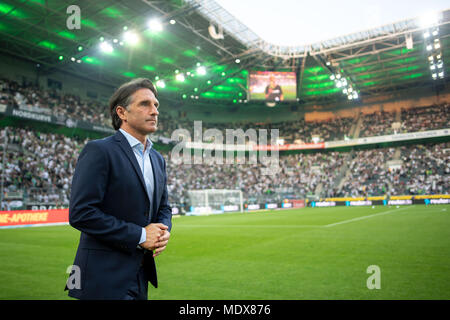 20 April 2018, Deutschland, Mönchengladbach: Fussball, Bundesliga, Borussia Mönchengladbach vs VfL Wolfsburg im Borussia-Park: Wolfsburgs Trainer Bruno Labbadia Uhren das Spiel. Foto: Marius Becker/dpa - WICHTIGER HINWEIS: Aufgrund der Deutschen Fußball Liga (DFL) · s Akkreditierungsregeln, Veröffentlichung und Weiterverbreitung im Internet und in online Medien ist während des Spiels zu 15 Bildern pro Spiel beschränkt Stockfoto