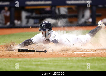 St. Petersburg, Florida, USA. 20 Apr, 2018. Tampa Bay Rays Mittelfeldspieler JOHNNY FELD (10) Kerben das Gewinnen laufen für die walkoff Sieg gegen die Minnesota Twins im Tropicana Field. Credit: Monica Herndon/Tampa Bay Zeiten/ZUMA Draht/Alamy leben Nachrichten Stockfoto