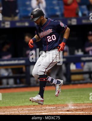 St. Petersburg, Florida, USA. 20 Apr, 2018. MONICA HERNDON | Zeiten. Minnesota Twins linken Feldspieler Eddie Rosario (20) Kerben ein Grand Slam das Spiel während des achten Inning gegen die Tampa Bay Rays am Tropicana Feld zu binden am 20. April 2018 in St. Petersburg, Fla. Credit: Monica Herndon/Tampa Bay Zeiten/ZUMA Draht/Alamy leben Nachrichten Stockfoto