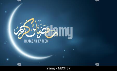 Ramadan Kareem. Religion heiligen Monat. Hand arabische Kalligraphie gezeichnet. Hellen Mond in den Sternenhimmel. Helle Wolken. Abdeckung für Design. Vector Illustration. E Stock Vektor