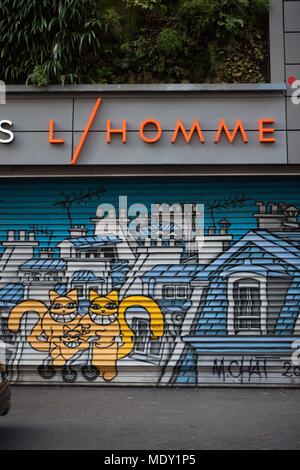 Paris, Le Marais, rue de la Verrerie, BHV Homme, Street Art, m Chat, Malerei auf den Eisernen Vorhang, Stockfoto