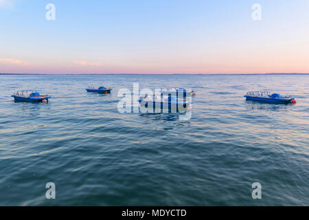 Gardasee (Lago di Garda) mit verankert Tretboote bei Dämmerung in Gardasee in Venetien, Italien Stockfoto