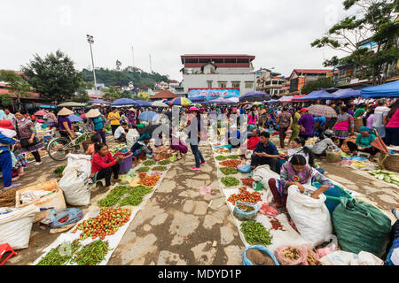 Leute, die am Sonntag zum Markt; Bac Ha, Lao Cai, Vietnam Stockfoto