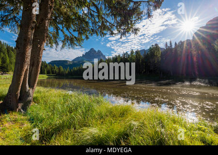 Tre Cime di Lavaredo und Lago Antorno mit Morgensonne am Misurina in der Gruppo dei Cadini in Venetien, Italien Stockfoto