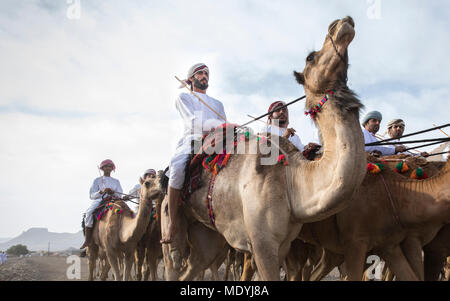 Khadal, Oman, April 7th, 2018: der Mann, der auf einem Kamel reiten in der Landschaft Stockfoto