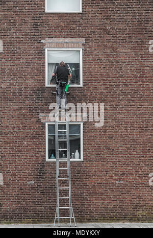 Glasreiniger ist hoch auf einer Leiter ein Fenster eines Mehrfamilienhauses zu waschen. Stockfoto