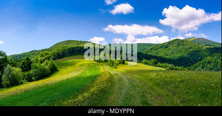 Schöne Panorama der gebirgigen Landschaft. schönen Sommer Landschaft bei schönem Wetter Zustand. ländlichen Gebieten am Rande eines Waldes am Hang. Stockfoto