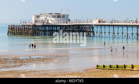 Worthing in Sussex, UK; Juni 2017 18; Urlauber Paddeln im Wasser bei sonnigem Wetter mit Pier hinter Stockfoto