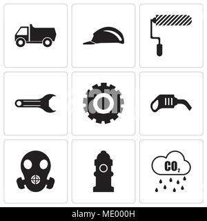 Satz von 9 einfache editierbare Ikonen wie Co2, Hydranten, Atemschutz, Pumpe, Einstellung, Rollgabelschlüssel, Walze, Header, Lkw, für mobile verwendet werden, Stock Vektor