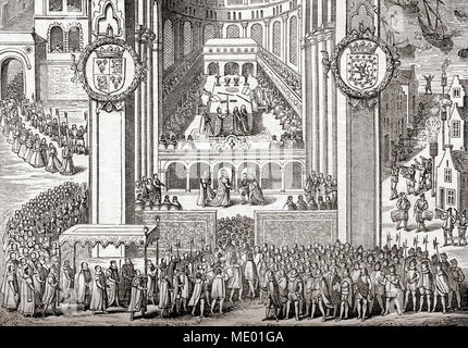 Die Krönung von James I. James VI und I, 1566 - 1625. König von Schottland als James VI vom 24. Juli 1567 und der König von England und Irland als James I ab 24. März 1603-1625. Aus Old England: eine bildliche Museum, veröffentlicht 1847. Aus Old England: eine bildliche Museum, veröffentlicht 1847. Stockfoto