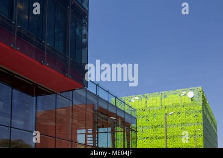 Frankreich, Lyon, 56 quai Rambaud, Marina, Hafen, Gebäude Le Cube Vert, Architekt Jakob + Macfarlane, Euronews head Office, Lichteffekte Stockfoto