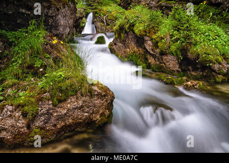 Langzeitbelichtung Bild des Avisio Stream im Val di Fassa, Trentino, Italien Stockfoto