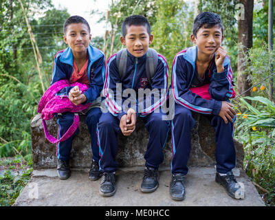 Portrait von drei männlichen Studenten in Uniform sitzen auf einem konkreten Ledge, Glenburn Tea Estate; Darjeeling, West Bengalen, Indien Stockfoto