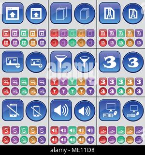 Fenster, Datei, ZIP-Datei, Bild, Streuen, Drei, Smartphone, Sound, PC. Eine große Anzahl von bunten Tasten. Vector Illustration Stock Vektor