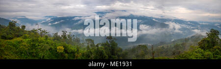 Der Rio Abanico Tal, Ecuador, mit misty Nebelwald bedeckten Hügel. Auf dem Amazonas Hängen der Anden in der Provinz Morona Santiago Stockfoto