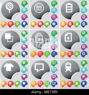 Lollipop, BIG Verkauf, Batterie, Kopie, Schloss, Datei, T-Shirt, Sprechblase, Zug zeichen Symbol. Ein Satz von 70 zwei bunte runde Buttons, Aufkleber. Vektor il Stock Vektor