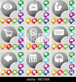 Vision, Drucker, Lesen, Warenkorb, Pfeil nach unten, Pfeil nach links Kaufen, Kalender, Kopfhörer zeichen Symbol. Ein Satz von 70 zwei bunte runde Tasten, sti Stock Vektor