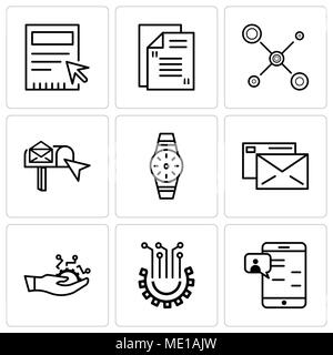 Satz von 9 einfache editierbare Ikonen wie Chat in Smartphone, Einstellungen, Entwicklung, Mail, erobert, E-Mail, Netzwerk, E-Mail, Leer, kann für m verwendet werden. Stock Vektor