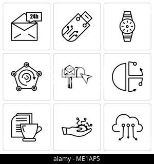 Satz von 9 einfache editierbare Symbole wie Cloud Computing, Entwicklung, Mail und Kaffee, Cube, e-box, Radar, erobert, Pendrive, E-Mail 24 Stunden, kann sein Stock Vektor