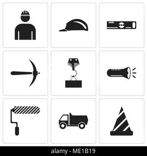 Satz von 9 einfache editierbare Ikonen wie Traffic safety equipment, LKW, Roller, Taschenlampe, Kran mit Ladung, Hammer, Scale, Header, Master, können verwendet werden. Stock Vektor