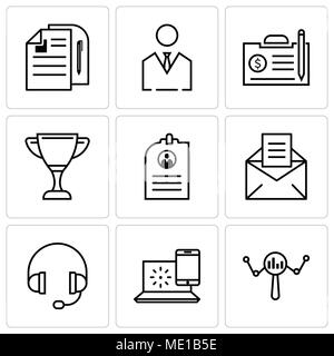 Satz von 9 einfache editierbare Ikonen wie Suche, Internet, Kopfhörer, e-Mail, Lebensläufe, Schale, Vertrag, Geschäftsmann, Dokument, für mobile verwendet werden, die Web-UI Stock Vektor