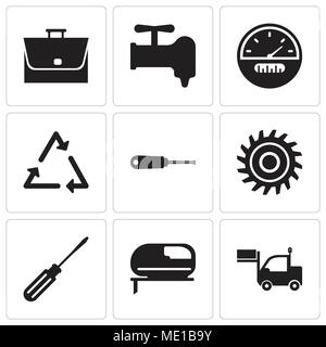 Satz von 9 einfache editierbare Ikonen wie Lkw, Jigsaw, Schraubendreher, Säge, Schraube, Dreieck, Tachometer, Kran, Tasche, für mobile, w verwendet werden kann. Stock Vektor