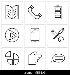 Satz von 9 einfache editierbare Ikonen wie Sprechblasen mit Text, Hand nach rechts, Tortendiagramm, Schraubendreher und Gabelschlüssel, Tablet, Play-Taste, Teig Stock Vektor