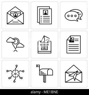 Satz von 9 einfache editierbare Ikonen wie Mail, Mail, Analytik, Briefkasten, Platzhalter, Chat, Flyer, ID und Mail, können für mobile verwendet werden, die Web-UI Stock Vektor