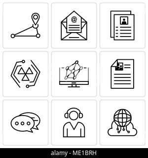 Satz von 9 einfache editierbare Symbole wie Cloud Computing, Support, Chat, Hologramm, Zellen, Flyer, E-Mail, PIN, für mobile verwendet werden, die Web-UI Stock Vektor