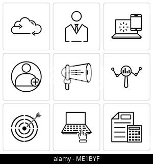 Satz von 9 einfache editierbare Ikonen wie Dokument & Taschenrechner, Computer, Target, Suche, Lautsprecher, Profil, Internet, Business Mann, laden Sie Daten, können Stock Vektor