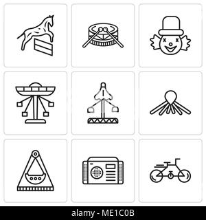 Satz von 9 einfache editierbare Ikonen wie Fahrrad, Radio, Karussell, Ballon, Hund, Fair, Karussell, Clown, Trommeln, Pferd, können für mobile verwendet werden, die Web-UI Stock Vektor