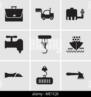 Satz von 9 einfache editierbare Ikonen wie Hatchet, Kran mit Ladung, Messer, Schiff, Kran, Kran, Wassertank, Lkw, Tasche, für mobile verwendet werden, die Web-UI Stock Vektor