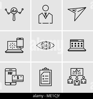 Satz von 9 einfache editierbare Ikonen wie Geschäftsleute, Dokument, Zahlung, Computer, analytische, Internet, Flugzeug, Geschäftsmann, suchen, können Fo. Stock Vektor