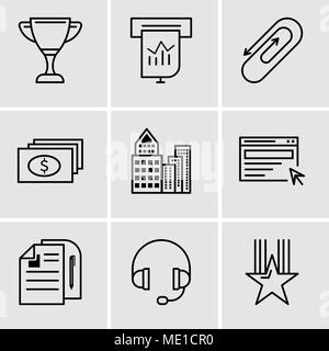 Satz von 9 einfache editierbare Symbole wie Stern, Kopfhörer, Dokument, Suche, Gebäude, Dollar, Clip, Präsentation, Tasse, für mobile verwendet werden, die Web-UI Stock Vektor
