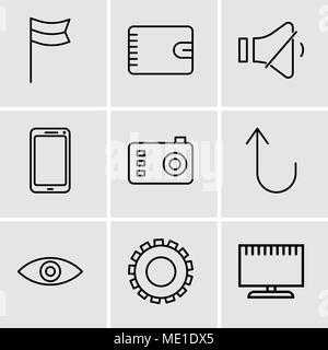 Satz von 9 einfache editierbare Symbole wie Fernsehen, Gang, Auge, Abbrechen, Foto, Kamera, Smartphone, Lautstärkeregler, Etui mit Reißverschluss, Ort fl Stock Vektor