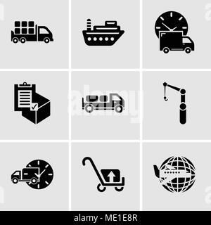 Satz von 9 einfache editierbare Ikonen wie Flugzeug um die Erde, Gepäcktransfer für Lieferung, Lkw mit kreisförmigen, Kran, Lieferung truc Stock Vektor