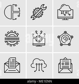 Satz von 9 einfache editierbare Ikonen wie auf Mail, Cloud Computing, E-Mail, Radar, Laptop, Binärcode, Laptop, Einstellungen, Cube, für mobile verwendet werden, wir Stock Vektor
