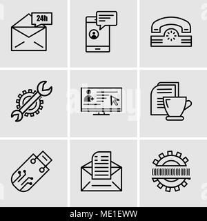 Satz von 9 einfache editierbare Ikonen wie Binärcode, E-Mail, Pendrive, Mail und Tee, Lesen von E-Mails auf Notebook, Einstellungen, Telefon, Chat, Smartphone, Ma Stock Vektor