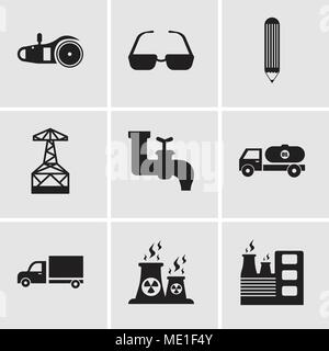 Satz von 9 einfache editierbare Ikonen wie Factory, Stoff, Lkw Kipper, Wasserhahn, Öl Derrick, Bleistift, Sonnenbrille, elektrische Säge, können für mobile verwendet werden, Stock Vektor