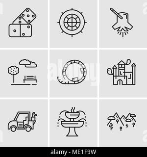 Satz von 9 einfache editierbare Ikonen wie Berge, Brunnen, Golf, Auto, Haus, Achterbahn, Park, Beleuchtung, Roulette, Domino, für mobile verwendet werden, Stock Vektor