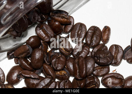 Dunkel geröstete Kaffeebohnen aus Glas auf weißem Hintergrund Stockfoto