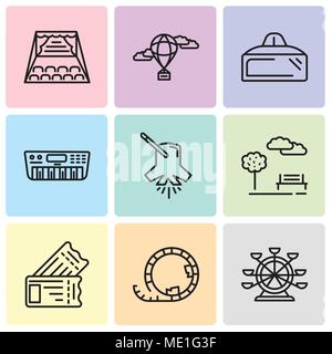 Satz von 9 einfache editierbare Ikonen wie Riesenrad, Achterbahn, Tickets, Park, Beleuchtung, Synthesizer, VR-Brille, Heißluftballon, Bühne, kann sein Stock Vektor