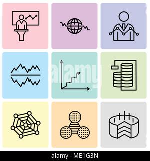 Satz von 9 einfache editierbare Ikonen wie Ordner verbunden sind, Pie Grafik Vergleich, Radar Chart mit Pentagon, Datenbank, Analysen, Data Analytics Stock Vektor