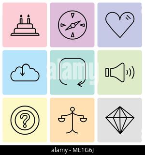 Satz von 9 einfache editierbare Symbole wie Diamant, Waage, Fragezeichen, Lautsprecher, Update, Download aus der Cloud, Herz, Kompass, C Stock Vektor