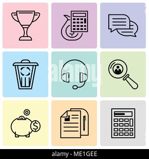 Set Of 9 simple editable icons such as calculator, document, money box, search person, headphone, trash, chat, money calculator, cup, can be used for  Stock Vektor