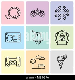 Satz von 9 einfache editierbare Ikonen wie Eis, Park, Playstation, Affe, Beleuchtung, Kaffee, Feuerwerk, Bier, Achterbahn, für mobile verwendet werden. Stock Vektor