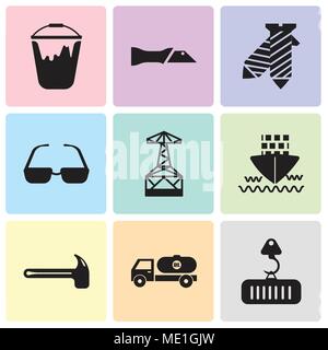 Satz von 9 einfache editierbare Ikonen wie Kran mit Ladung, Kipper, Hammer, Schiff, Öl Derrick, Sonnenbrille, Riegel, Messer, Löffel, können für Mobi verwendet werden. Stock Vektor